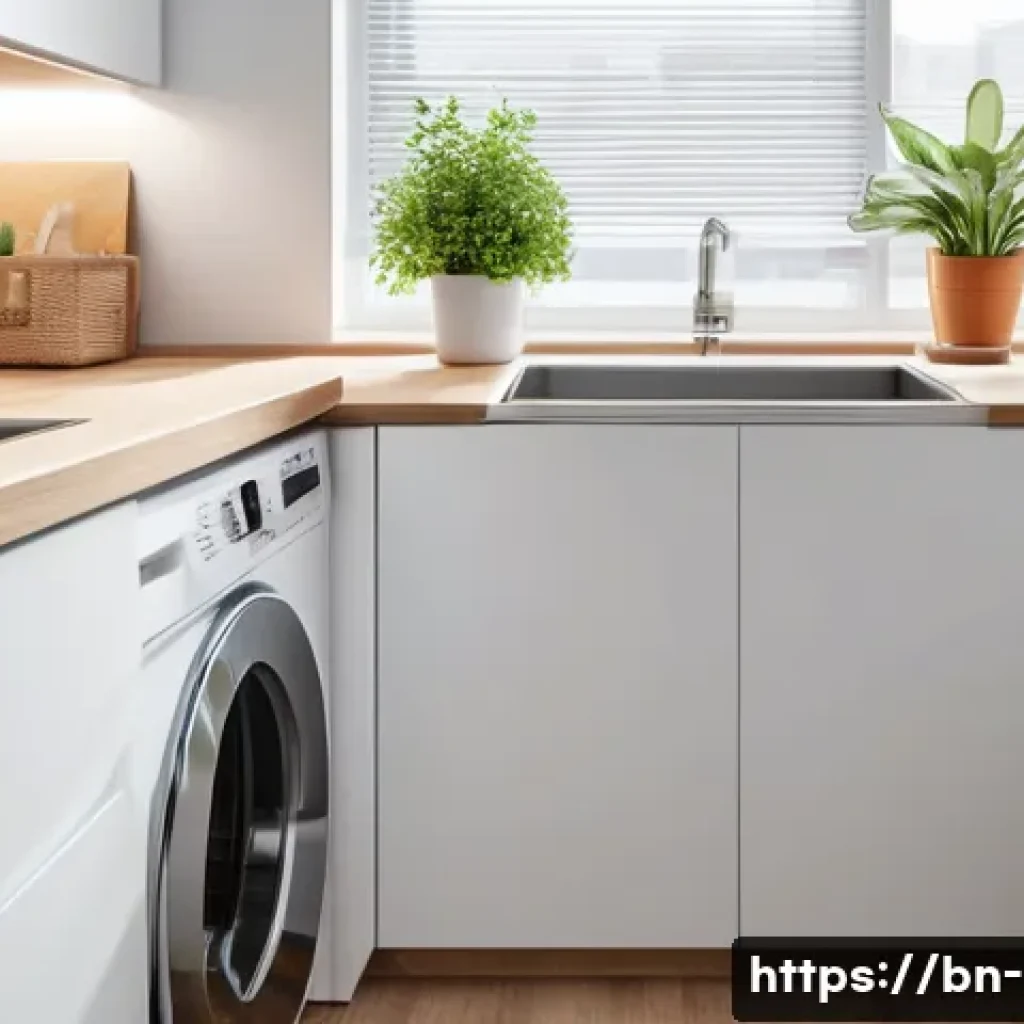 미니 세탁기의 장점과 단점 - A compact modern mini washing machine placed neatly under a small kitchen countertop in a cozy urban...