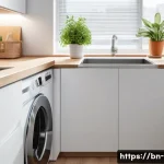 미니 세탁기의 장점과 단점 - A compact modern mini washing machine placed neatly under a small kitchen countertop in a cozy urban...