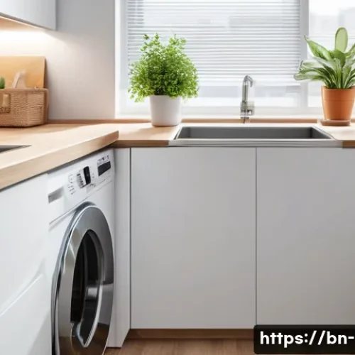 미니 세탁기의 장점과 단점 - A compact modern mini washing machine placed neatly under a small kitchen countertop in a cozy urban...