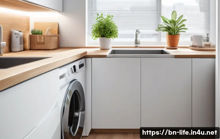 미니 세탁기의 장점과 단점 - A compact modern mini washing machine placed neatly under a small kitchen countertop in a cozy urban...