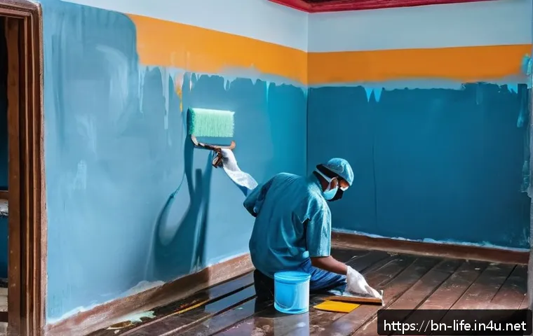 효율적인 벽 정리 도구 추천 - A detailed scene of a Bengali home interior showing a person painting a wall using high-quality wate...