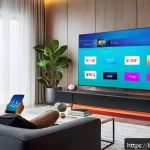 다목적 스마트 리모컨 추천 - A modern living room setting with a Bengali family using a sleek smart remote control to operate mul...