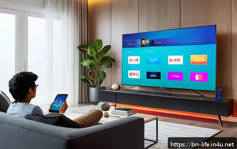 다목적 스마트 리모컨 추천 - A modern living room setting with a Bengali family using a sleek smart remote control to operate mul...