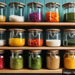 유리병 밀폐 용기의 장점 - A modern kitchen scene showcasing neatly organized transparent glass containers of various sizes wit...