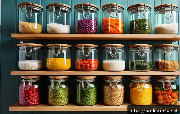 유리병 밀폐 용기의 장점 - A modern kitchen scene showcasing neatly organized transparent glass containers of various sizes wit...