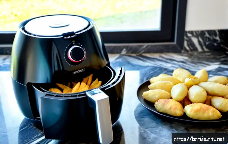 에어프라이어와 오븐의 차이점 - Photorealistic modern Bangladeshi home kitchen, sleek black basket air fryer on a marble countertop ...