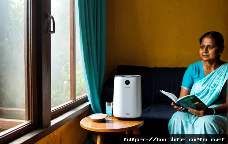 휴대용 공기청정기의 효과 - Photorealistic bright Bengali family living room in Dhaka, a compact portable air purifier operating...