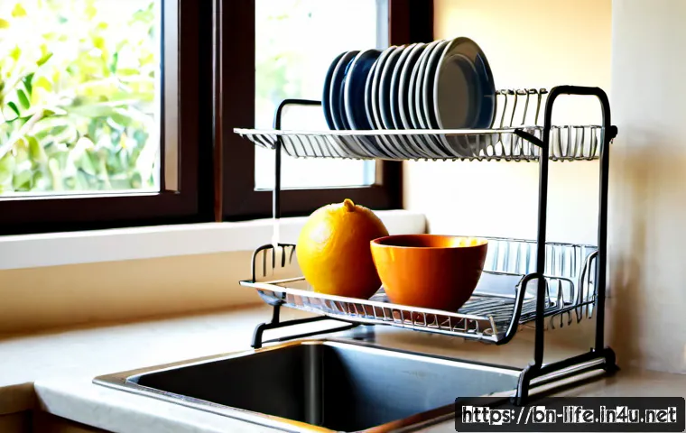 스탠드형 식기건조대의 실용성 - Photorealistic modern Bengali home kitchen, practical freestanding two-tier dish drying rack beside ...